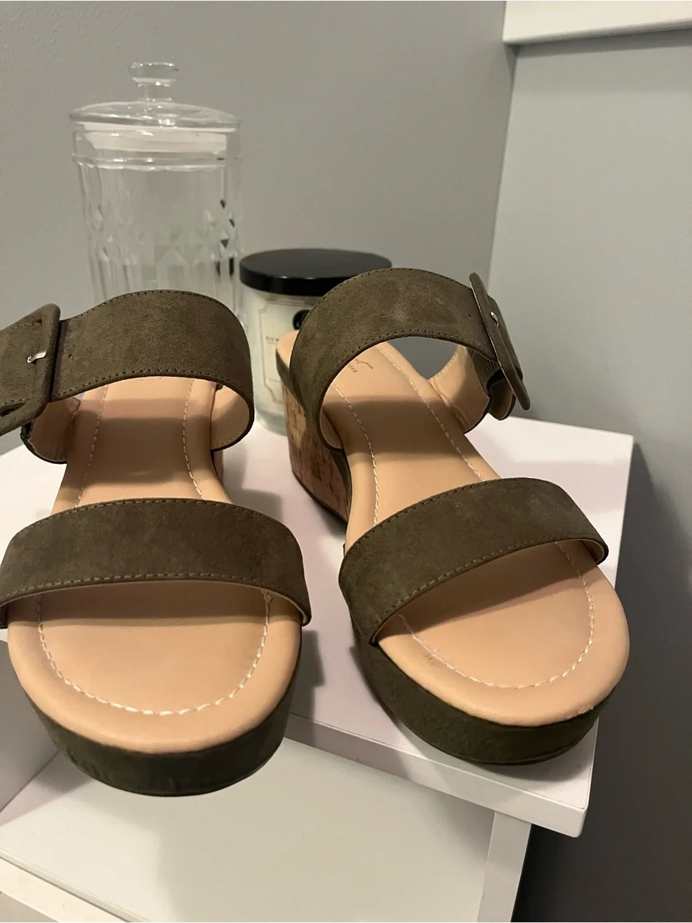 Comfortiva Olive Suede Cork Wedge Slide Sandals